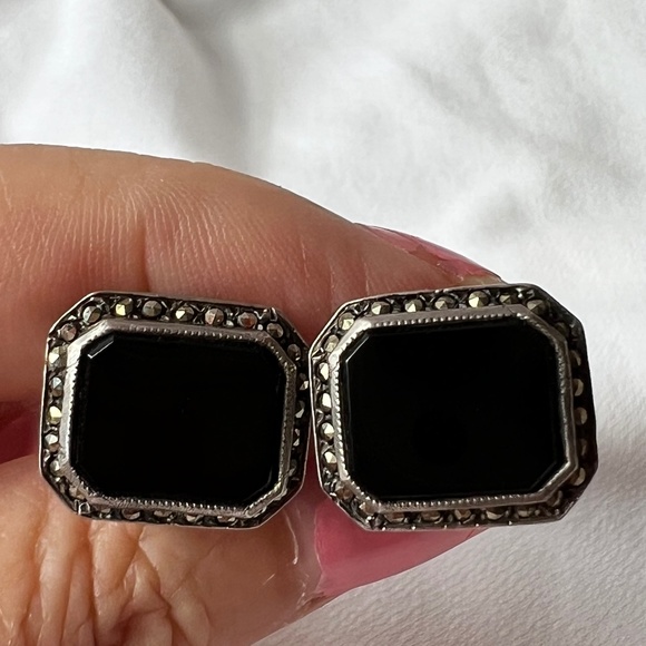 ANTIQUE STERLING SILVER BLACK ONYX AND MARCASITES CUFFLINKS GREAT CONDITION